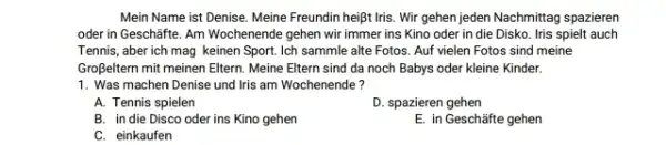 Mein Name ist Denise. Meine Freundin heißt Iris. Wir gehen jeden Nachmittag spazieren oder in Geschäfte. Am Wochenende gehen wir immer ins Kino oder