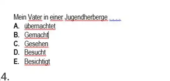 Mein Vater in einer Jugendherberge A. übernachtet B. Gemacht C. Gesehen D. Besucht E. Besichtigt 4.