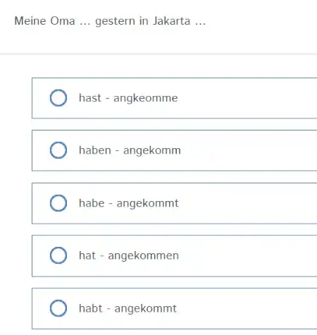 Meine Oma ... gestern in Jakarta ... hast - angkeomme haben - angekomm habe - angekommt hat - angekommen habt - angekommt
