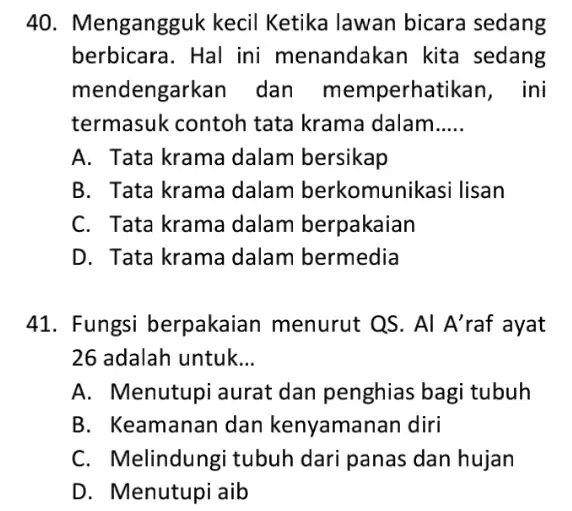 Mengangguk kecil Ketika lawan bicara sedang berbicara. Hal ini menandakan kita sedang mendengarkan dan memperhatikan, ini termasuk contoh tata krama dalam..... A. Tata krama