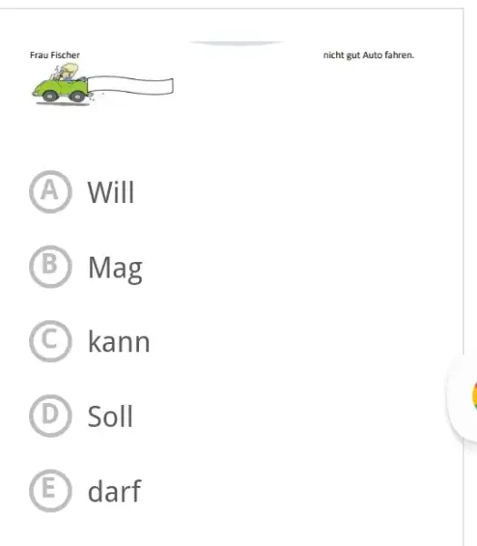 nicht gut Auto fahre (A) Will (B) Mag (C) kann (D) Soll (E) darf