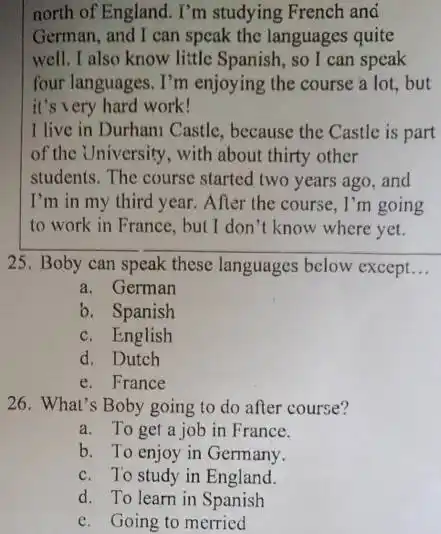 north of England. I'm studying French and German, and I can speak the languages quite well. I also know little Spanish, so I can