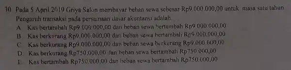 Pada 5 April 2019 Griya Salon membayar beban sewa sebesar Rp9.000.000,00 untuk masa satu tahun Pengaruh transaksi pada persamaan dasar akuntansi adalah. A. Kas