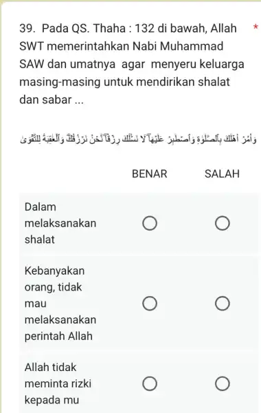 Pada QS. Thaha: 132 di bawah, Allah SWT memerintahkan Nabi Muhammad SAW dan umatnya agar menyeru keluarga masing-masing untuk mendirikan shalat dan sabar ...