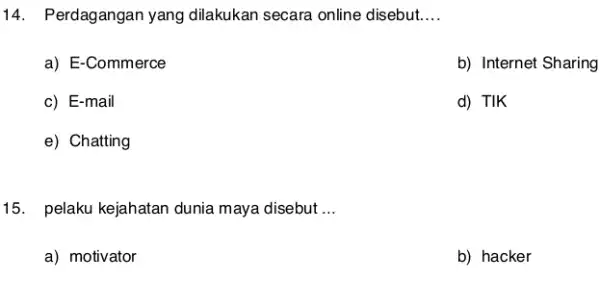 Perdagangan yang dilakukan secara online disebut.... a) E-Commerce b) Internet Sharing c) E-mail d) TIK e) Chatting pelaku kejahatan dunia maya disebut ... a)