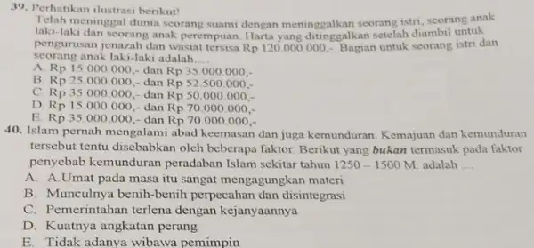 Perhatikan ilustrasi berikut! Telah meninggal dunia seorang suami dengan meninggalkan seorang istri, scorang anak laki-laki dan seorang anak perempuan. Harta yang ditinggalkan setelah diambil