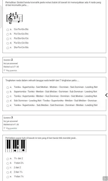 Perhatikan Simbol tanda kromatik pada notasi balok di bawah ini menunjukkan ada 4 nada yang di beri kromatik yaitu.... a. Cis-Fis-Gis-Dis b. Fis-Cis-Gis-Dis c.