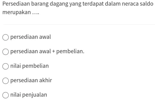 Persediaan barang dagang yang terdapat dalam neraca saldo merupakan .... persediaan awal persediaan awal + pembelian. nilai pembelian persediaan akhir nilai penjualan