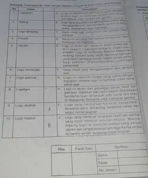 Petunjuk: Pasangkanlah istilah dengan jawaban yang benar pada kolom yang tersedia! Nilai Paraf Guru Identitas Nama Kelas No. Absen Nilai Paraf Guru Identitas Nama