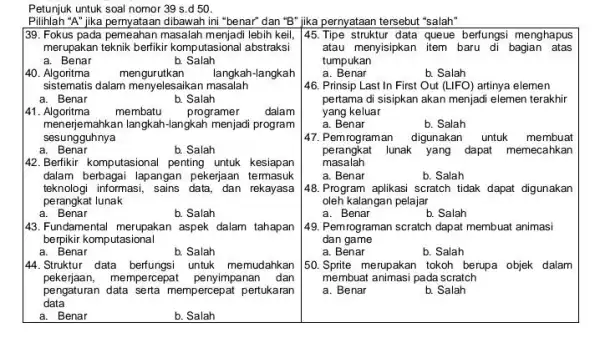 Petunjuk untuk soal nomor 39 s.d 50 . Pilihlah "A" jika pernyataan dibawah ini "benar" dan "B" jika pernyataan tersebut "salah" 39. Fokus pada