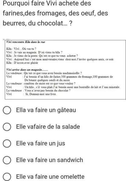 Pourquoi faire Vivi achete des farines,des fromages, des oeuf, des beurres, du chocolat... ? Vivi rencontre Kila dans la rue Kila : Vivi...Où vas