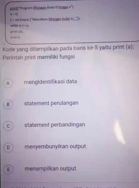 print("Program Bilangan Bulat 0 hingga x ") a=0"; " x= int (input ("Masukkan bilangan bulat x= ")); while a<=x ; print (a); a=a+1 ;