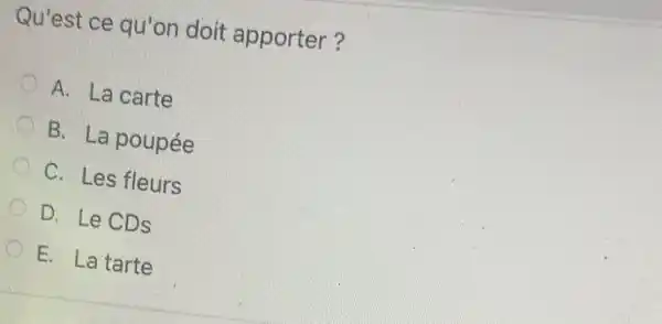 Qu'est ce qu'on doit apporter? A. La carte B. La poupée C. Les fleurs D. Le CDs E. La tarte