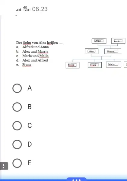 ..." 4 46. Der Sohn von Alex heißen .... a. Alfred und Anna Anna............ b. Alex und Marrie c. Maria und Melia d. Alex