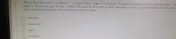 "How to Make Cheesecake" Ingredients. 1 1/2 cup of sugar 22 eggs 3. 1/2 teaspoon of vanilla 42 packages of cream cheese Directions 1