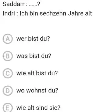 Saddam: ......? Indri : Ich bin sechzehn Jahre alt (A) wer bist du? (B) was bist du? (C) wie alt bist du? (D) wo