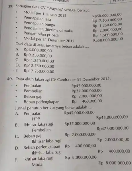 Sebagian data CV "Wayang" sebagai berikut. Modal per 1 Januari 2015 Pendapatan jasa Pendapatan bunga Pendapatan diterima di muka Pengambilan pribadi Modal per 31