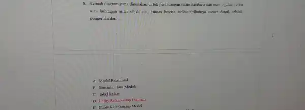 Sebuah diagram yang digunakan untuk perancangan suatu database dan menunjukan relasi atau hubungan antar objek atau entitas beserta atribut-atributnya secara detail, adalah pengertian dari