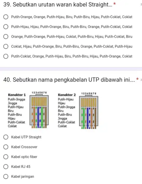 Sebutkan urutan waran kabel Straight... * Putih-Orange, Orange, Putih-Hijau, Biru, Putih-Biru, Hijau, Putih-Coklat, Coklat Putih-Hijau, Hijau, Putih-Orange, Biru, Putih-Biru, Orange, Putih-Coklat, Coklat Orange, Putih-Orange,