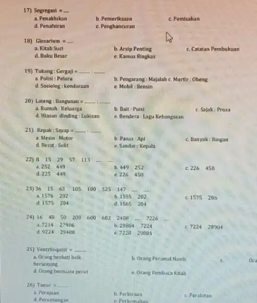 Segregasi = a. Penaklukan b. Pemeriksaan c. Pemisahan d. Penafsiran c. Penghancuran Glosarium = ..... a. Kitab Sud b. Arsip Penting c. Catatan Pembukuan