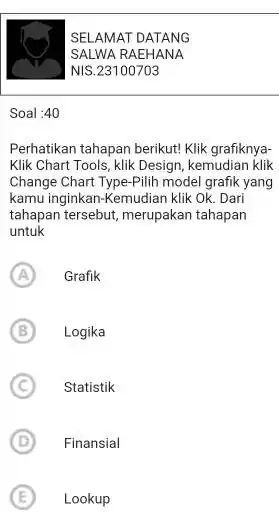 SELAMAT DATANG SALWA RAEHANA NIS. 23100703 Soal : 40 Perhatikan tahapan berikut! Klik grafiknyaKlik Chart Tools, klik Design, kemudian klik Change Chart Type-Pilih model