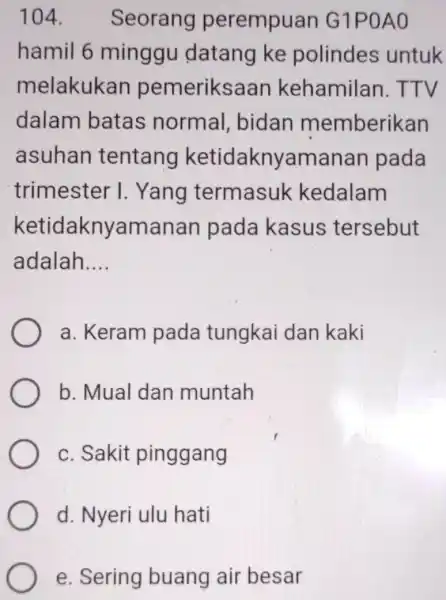 Seorang perempuan G1P0A0 hamil 6 minggu datang ke polindes untuk melakukan pemeriksaan kehamilan. TTV dalam batas normal, bidan memberikan asuhan tentang ketidaknyamanan pada trimester