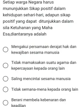 Setiap warga Negara harus mununjukkan Sikap positif dalam kehidupan sehari-hari, adapun sikap positif yang dapat ditunjukkan dalam sila Ketuhanan yang Maha Esa,diantaranya adalah Mengakui