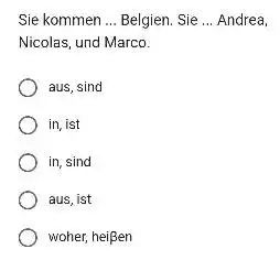 Sie kommen ... Belgien. Sie ... Andrea, Nicolas, und Marco. aus, sind in, ist in, sind aus, ist woher, heißen