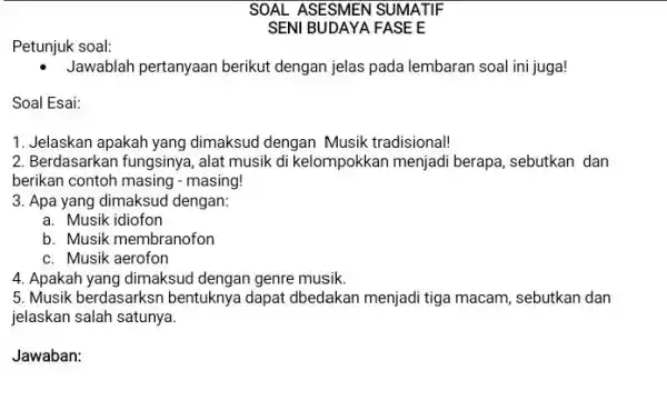 SOAL ASESMEN SUMATIF SENI BUDAYA FASE E Petunjuk soal: Jawablah pertanyaan berikut dengan jelas pada lembaran soal ini juga! Soal Esai: Jelaskan apakah yang