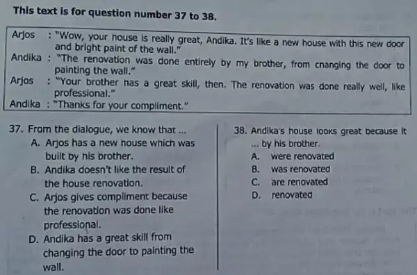 This text is for question number 37 to 38 . Arjos : "Wow, your house is really great, Andika. It's like a new house