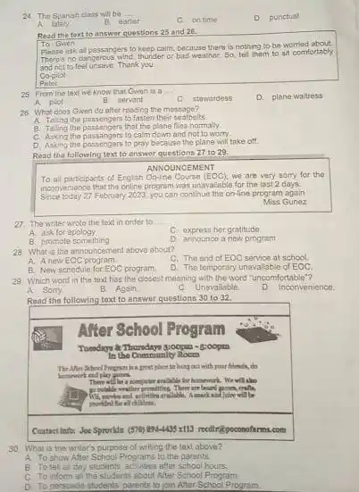 Thu Spansh class welt ba: A. lalaty? 9 garler E. cintime D. ponctual Read the foxt to answar questions 25 and 26. To Gvorn
