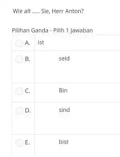 Wie alt Sie, Herr Anton? Pilihan Ganda - Pilih 1 Jawaban A. ist B. seid c. quad Bin D. sind E. bist