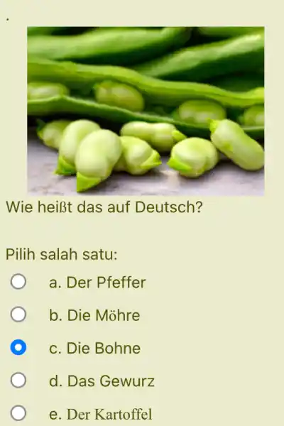 Wie heißt das auf Deutsch? Pilih salah satu: a. Der Pfeffer b. Die Möhre c. Die Bohne d. Das Gewurz e. Der Kartoffel