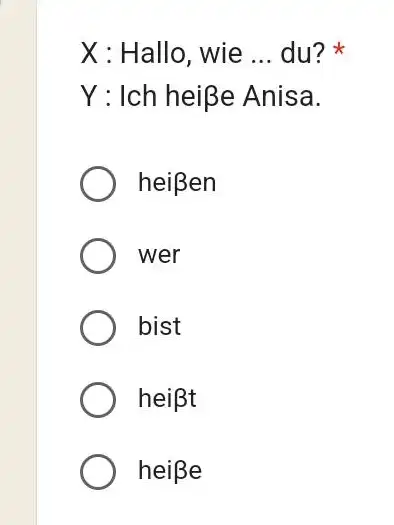 X : Hallo, wie ... du? * Y : Ich heiße Anisa. heißen wer bist hei betat heiße