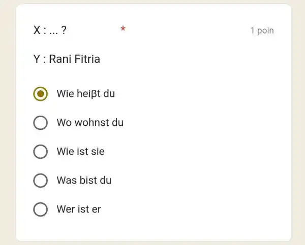 X:dots ? 1 poin Y : Rani Fitria Wie heißt du Wo wohnst du Wie ist sie Was bist du Wer ist er