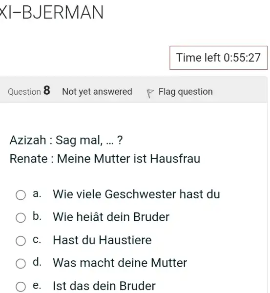 XI-BJERMAN Time left 0:55:27 Question 8 Not yet answered Flag question Azizah : Sag mal, ... ? Renate : Meine Mutter ist Hausfrau a.