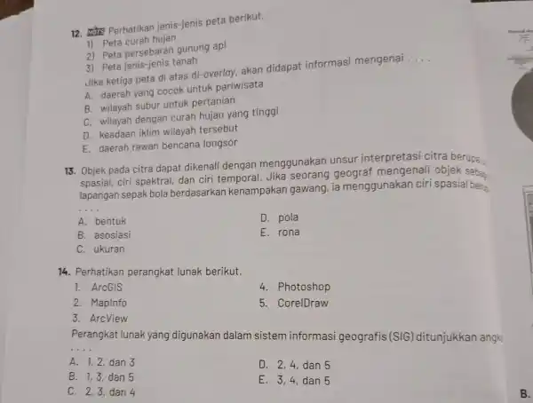 ज0trs Perhatikan jenis-jenis peta berikut. Peta curah hujan Peta persebaran gunung api Peta jenis-jenis tanah Jika ketiga peta di atas di-overlay, akan didapat informasi