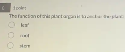 8 1 point The function of this plant organ is to anchor the plant: leaf root stem