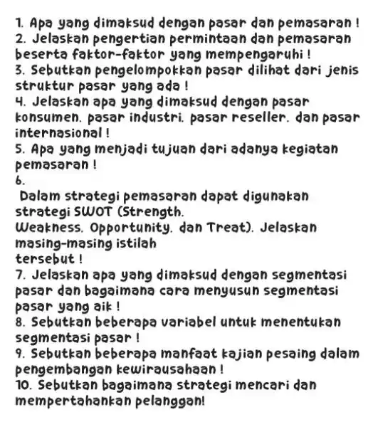 Apa yang dimaksud dengan pasar dan pemasaran! Jelaskan pengertian permintaan dan pemasaran beserta faktor-faktor yang mempengaruhi ! Sebutkan pengelompokkan pasar dilihat dari jenis struktur