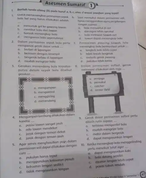 Asesmen Sumatif Berilah tanda silang (X) pada huruf a,b,c , atau d sesuai jawaban yang tepat! Untuk memenangkan pemainan sepak bola hal yang harus