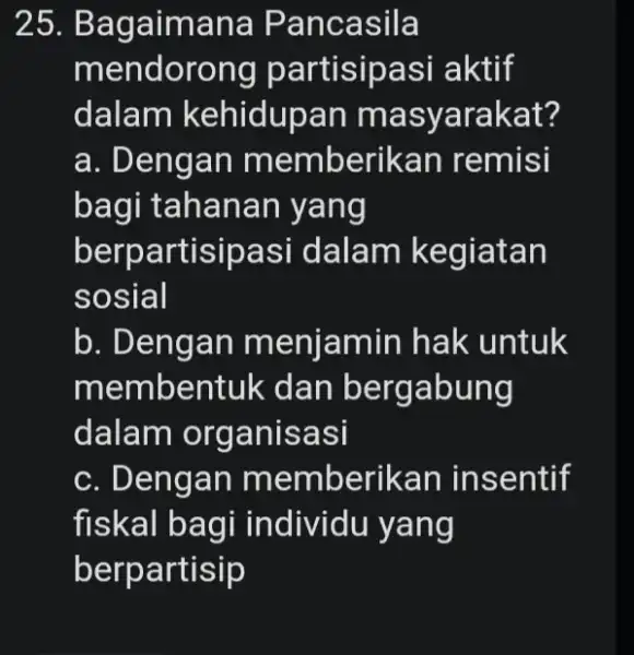 Bagaimana Pancasila mendorong partisipasi aktif dalam kehidupan masyarakat? a. Dengan memberikan remisi bagi tahanan yang berpartisipasi dalam kegiatan sosial b. Dengan menjamin hak untuk