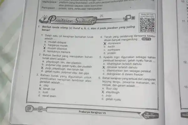 Berilah tanda silang (x) huruf a,b,c , atau d pada jawaban yang 'paling benar! Salah satu ciri kerajinan berbahan lunak adalah .... a. mudah