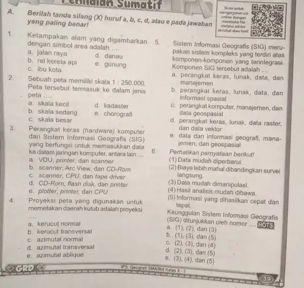 A. Berilah tanda silang (X) huruf a,b,c,d , atau e pada jawaban yang paling benar! Ketampakan alam yang digambarkan dengan simbol area adalah ....