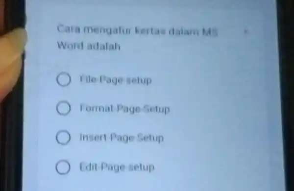 Cara mengatur kertas dalam Ms Word adalah File Page setup Format Page Setup Insert-Page Setup Edit-Page setup