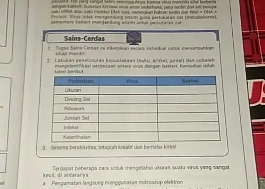 dengan baiteri. Susunan kimiand virus amat sederhana, yaitu terdiri dari int berypa Protein Virus tidak mengandung enzim guna pertukaran zat (metabolisme). sementara bakteri mengandung