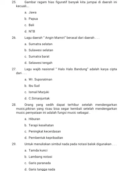 Gambar ragam hias figuratif banyak kita jumpai di daerah ini kecuali.... a. Jawa b. Papua c. Bali d. NTB Lagu daerah "Angin Mamiri" berasal