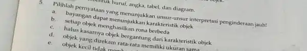 huruf, angka, tabel, dan diagram. a. bayangan dapat menunjukkan unsur-unsur interpretasi penginderaan jauh! b. setiap objek pat menunjukkan karakteristik objek c. halus kasar menghasilkan