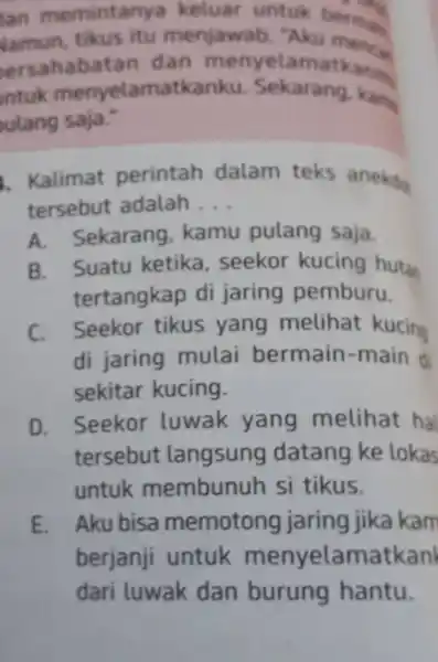 Ian memintanya keluar untuk berman ersahabatan dan menyelamatkanty intuk menyelamatkanku. Sekarang. kany vulang saja." Kalimat perintah dalam teks anekogy tersebut adalah... A. Sekarang, kamu