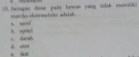 Jarimgan dasar pada hewan yang tidak memiliki matiks ekstrascluler adalah.... a. sarat b. epitel c. darah d. onot a. ikat