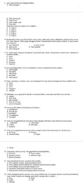 Jenis peta antara lain sebagai berikut: Peta topografis Pete chorografi Peta dunia Peta curah hujan Peta iklim Yang temasuk jenis peta umum adalah ....